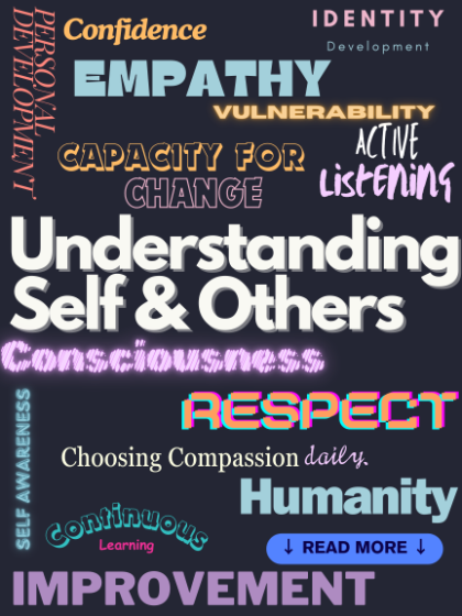 Understanding Self & Others - Word graphic on a dark background highlighting “Understanding Self & Others” in large white text. Other prominent words include Empathy, Respect, Consciousness, Humanity, Improvement, and Active Listening. Additional phrases include “Capacity for Change,” “Choosing Compassion daily,” “Personal Development,” and “Self Awareness.” A blue “Read More” button appears near
