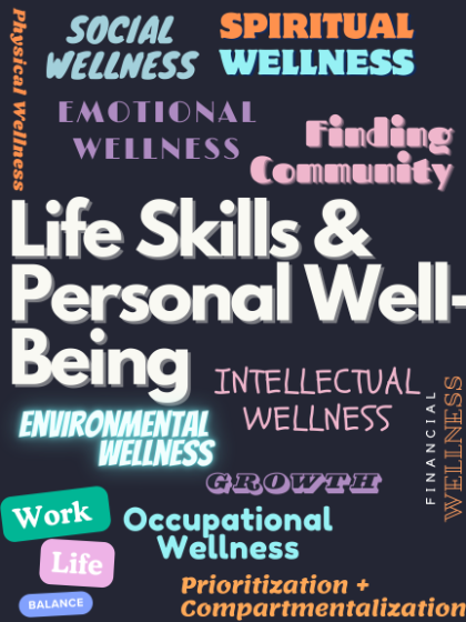 Life Skills & Personal Well-Being - Word graphic on a dark background emphasizing “Life Skills & Personal Well-Being” in large white text. Other prominent words include Social Wellness, Spiritual Wellness, Emotional Wellness, Intellectual Wellness, Environmental Wellness, and Occupational Wellness. Smaller text includes Finding Community, Growth, Work, Life, and Balance. Vertical side text reads P