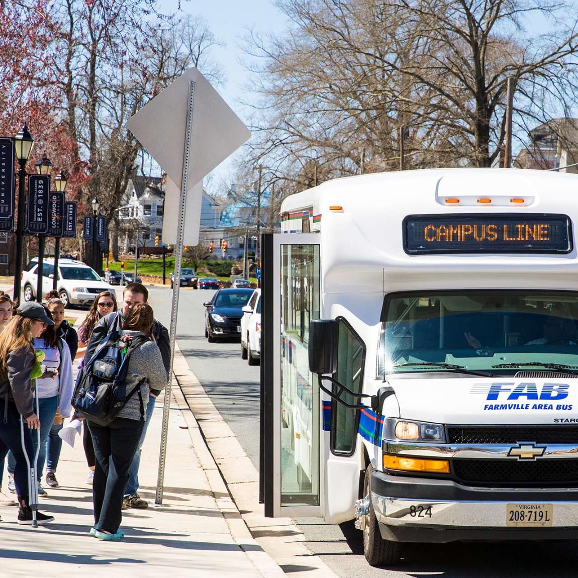 The Farmville Area Bus (FAB) runs throughout the town of Farmville. Anyone with a Longwood student ID rides free! The FAB serves as a shuttle service to campus for those students living in Lancer Park and Longwood Village. 