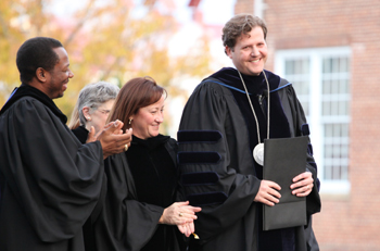 President Reveley with Marianne Radcliff '92, rector of the Longwood Board of Visitors, and Ronald O. White, also a board member.
