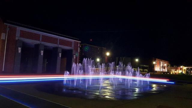 Fountains glowing in preparation for VP Debate