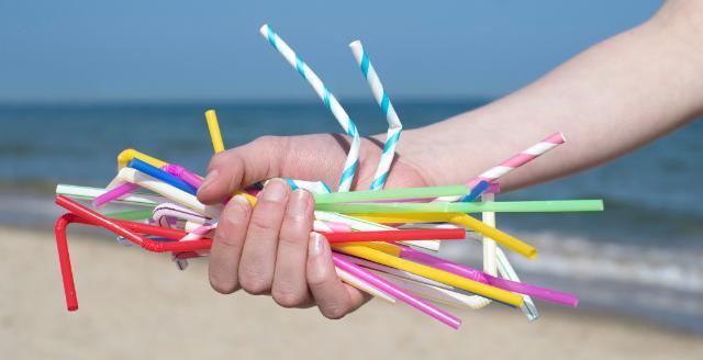 Hand holding straws at the beach