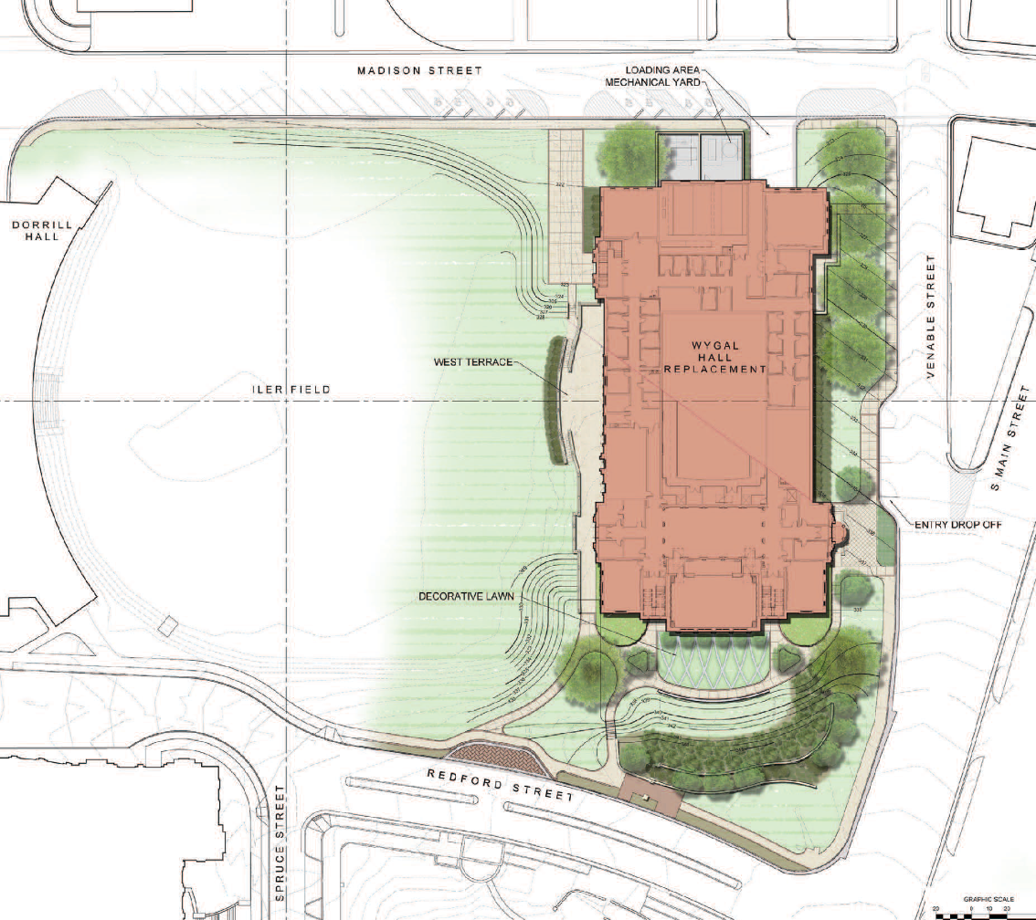 Wygal Plans - Architectural site plan of the proposed Wygal Hall Replacement. The building footprint is shaded red next to Iler Field. West Terrace, decorative lawn, entry drop-off, and loading area are labeled. Madison, Venable, Main, Redford, and Spruce streets frame the site.