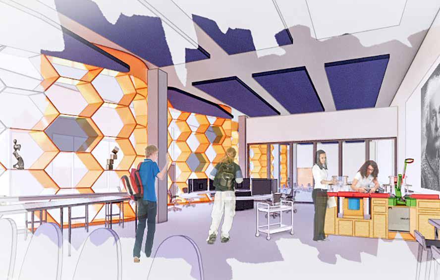 Innovation Hub  Visioning and Concept Design - Concept rendering of an innovation lab with modern design elements. Honeycomb-patterned wall panels glow in warm orange tones. Students work at tables and lab benches with computers and equipment. Ceiling panels and open space create a collaborative environment.