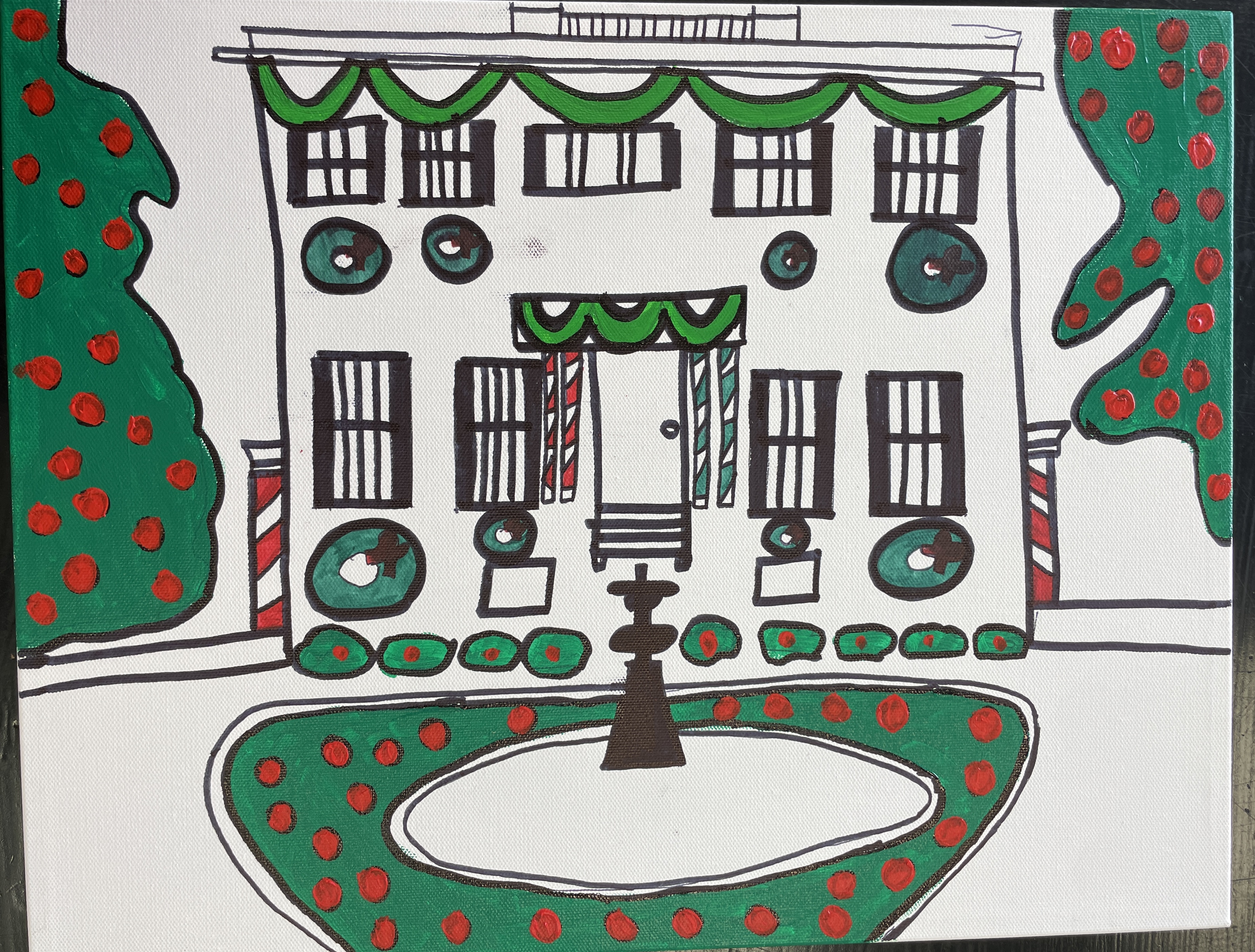 Ja'Rell's painting of the Governor's Mansion Hand-painted holiday illustration of a white building decorated with green garland. Candy cane–striped columns frame the front entrance. Green wreaths with red accents hang in the windows. A curved walkway with red-dotted greenery leads to a small fountain in front.