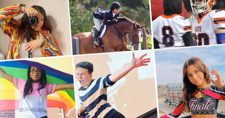 Select students from the incoming class of 2026 - Collage of Longwood students showcasing academics, athletics, and campus life. Student taking a photo, equestrian rider mid-jump, and football players on the field. Student holding a rainbow flag and another performing energetically on stage. Cheerleader in a Finale uniform posing with campus buildings in the background.