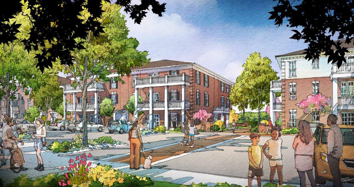 Rendering of South Main - Illustrated rendering of a mixed-use residential streetscape near campus. Three-story brick buildings with balconies line a tree-filled street. People walk, bike, and gather along sidewalks and landscaped areas. Parked cars, blooming trees, and greenery create a lively neighborhood scene.