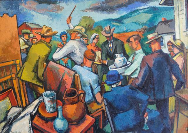 The Auction, c. 1938 by Frederick Heppner Buchholz (1901-1983) - A colorful, expressive painting shows a group of people gathered outdoors in a rural setting. Figures in hats and suits cluster around a central interaction, with rolling hills and buildings in the background. Bold brushstrokes and vibrant blues, greens, and oranges create a lively, textured scene. In the foreground, pottery and hous