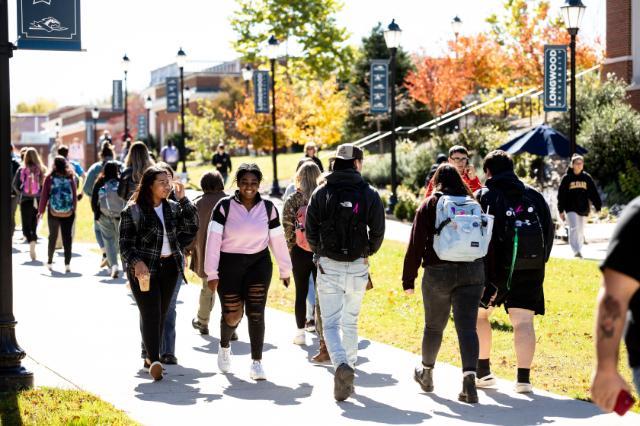 Students walking down Brock Commons in the fall