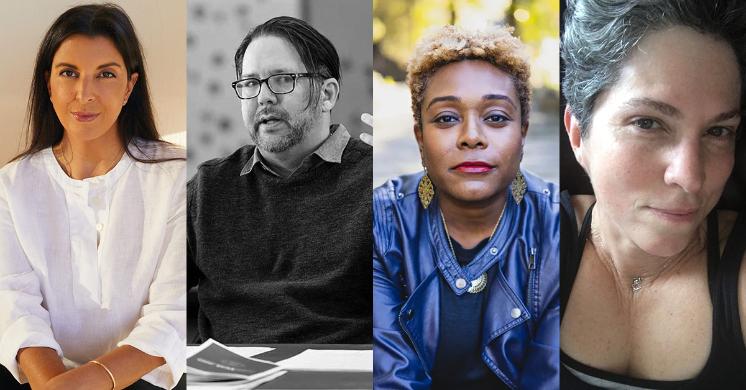 One of these four finalists—Engel (left), Hobson, Sexton, Obejas—will be named the 42nd recipient of the John Dos Passos Prize for Literature - Four portrait photos arranged side by side show different individuals. The first person wears a white blouse, the second is shown in black and white speaking at a table. The third wears a blue jacket and gold earrings, and the fourth is shown in a close-up