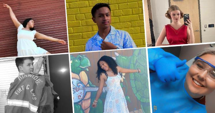 Longwood27 - A collage of six portraits arranged in a grid with angled white borders. Images include a dancer, a student in front of a yellow brick wall, a graduate in a red dress, a firefighter portrait, a mural photo, and a lab selfie. Each subject is shown in a different setting, from outdoor scenes to indoor spaces. The layout highlights a diverse group of individuals and experiences.