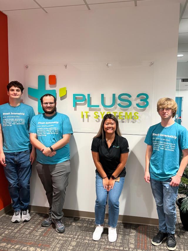 Mya Souvandara ’22 (third from left) got her job as a recruiter at Plus3 IT Systems through the Lancer network. She then recruited the company’s summer interns—Andrew Taylor ’24 (left), Louis Iampaglia ’24 and Jacob Rowland ’23—from a Longwood career fair.