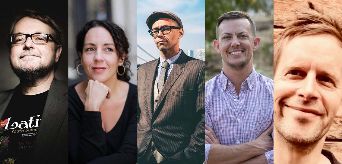 One of these five finalists—Urrea (left), Cruz, LaValle, Sickels, Rock—will be named the 43rd recipient of the John Dos Passos Prize for Literature - Composite image featuring five portrait photos arranged side by side. Each person is shown from the shoulders up in a different setting and style. Three wear glasses, and one man is dressed in a suit and tie. The background and lighting vary across t