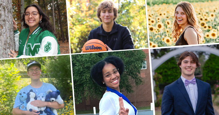 Freshmen from the class of 2028 - Collage of six senior portraits arranged in a grid layout. Students pose outdoors in settings including a wooded area, sunflower field, and campus walkway. One student holds a basketball, another cradles stuffed animals, and another wears a letterman jacket. The group includes both casually dressed and formally dressed graduates smiling at the camera.