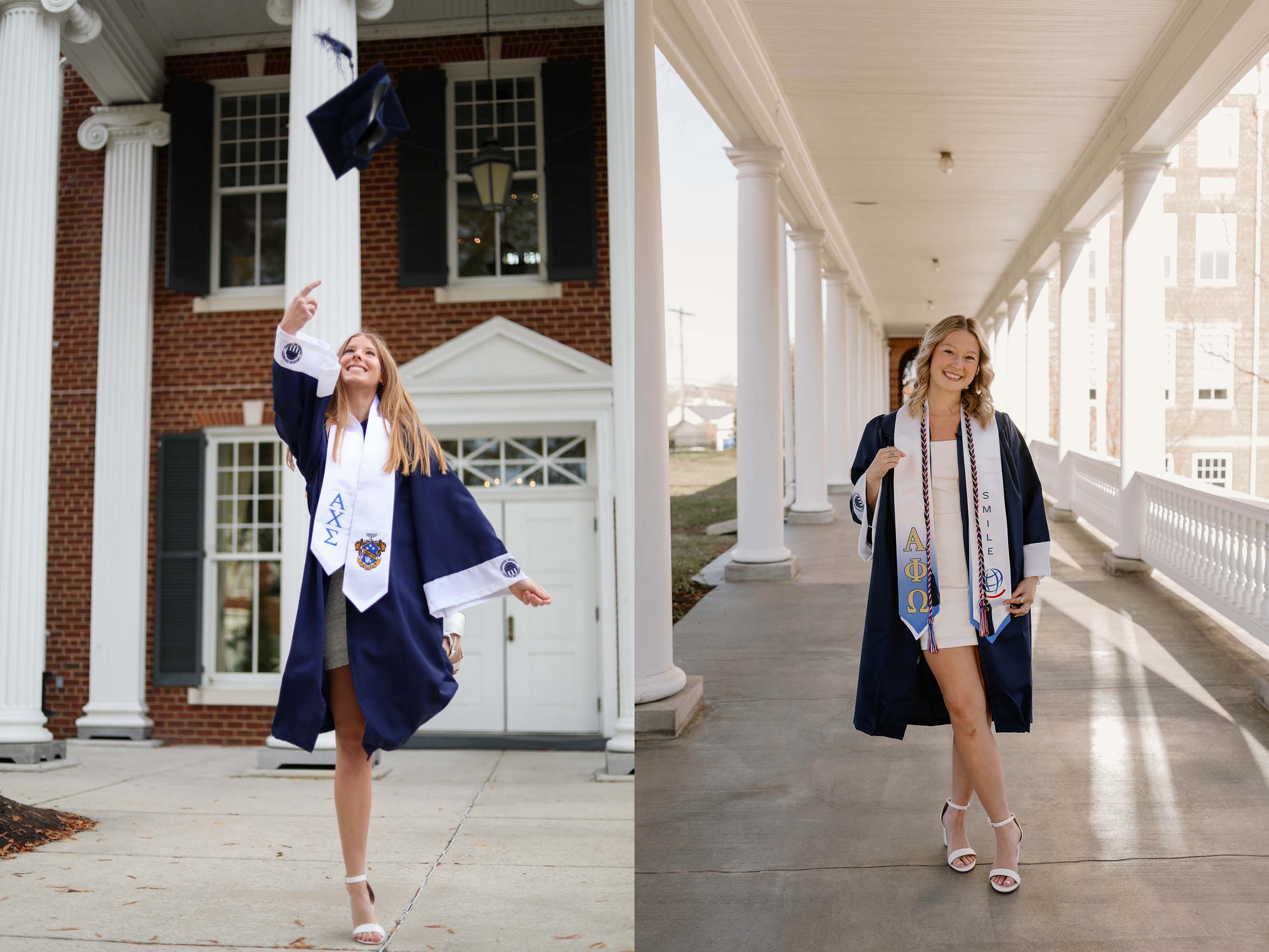 Kassidy Owens ’25 and Mattie Smith ’25 - Split image of a graduate in a blue gown posing in two campus locations. Left, she tosses her cap in front of a brick building with white columns. Right, she smiles while standing on a covered colonnade walkway. A white stole and cords hang over her gown in both photos.