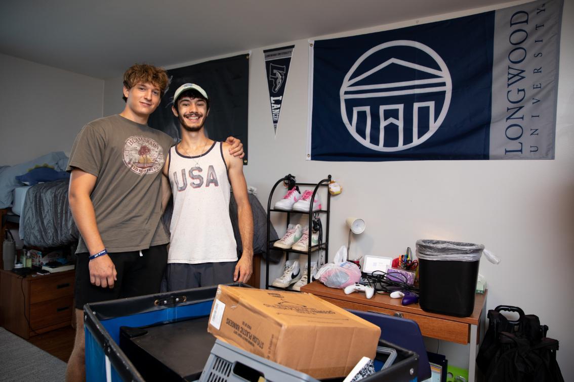 Kaeson Baldridge ’29 (left) and Zechariah Woosley ’29 in their room in Moss Hall during freshman move-in