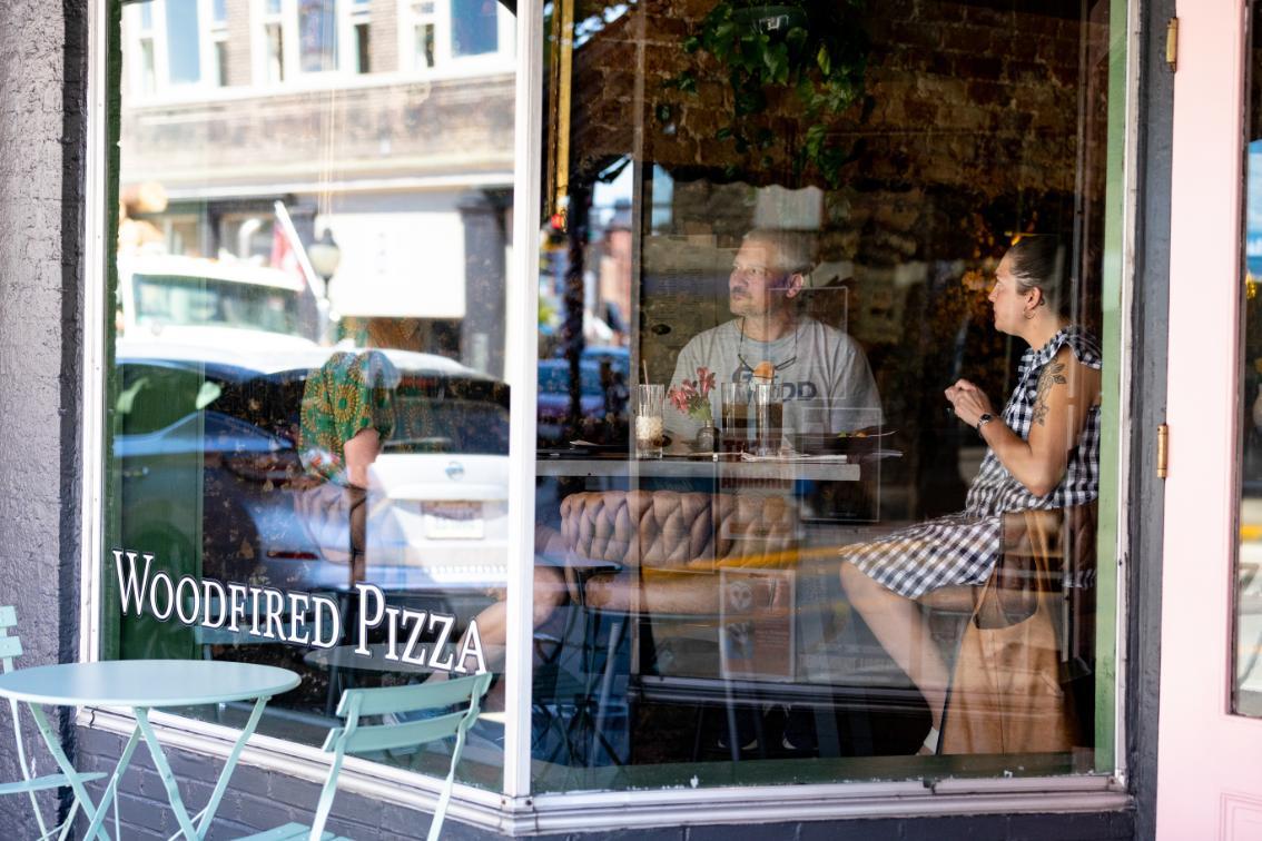 Looking in the window at The Fox and Lamb