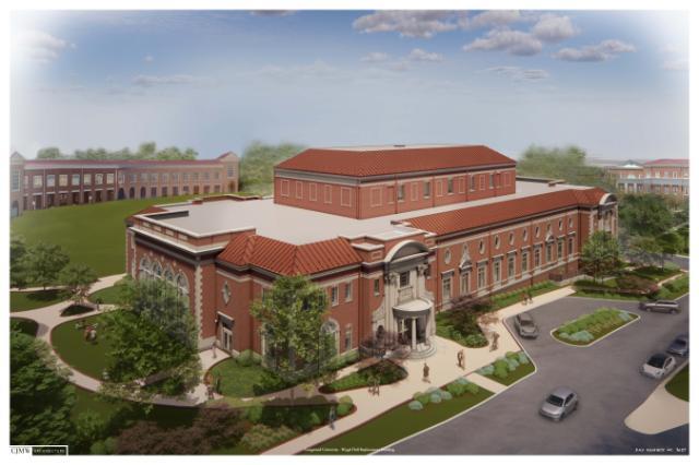 Exterior rendering of Longwood’s planned music building, showing a large brick facility with red roofs, landscaped walkways and nearby campus buildings.