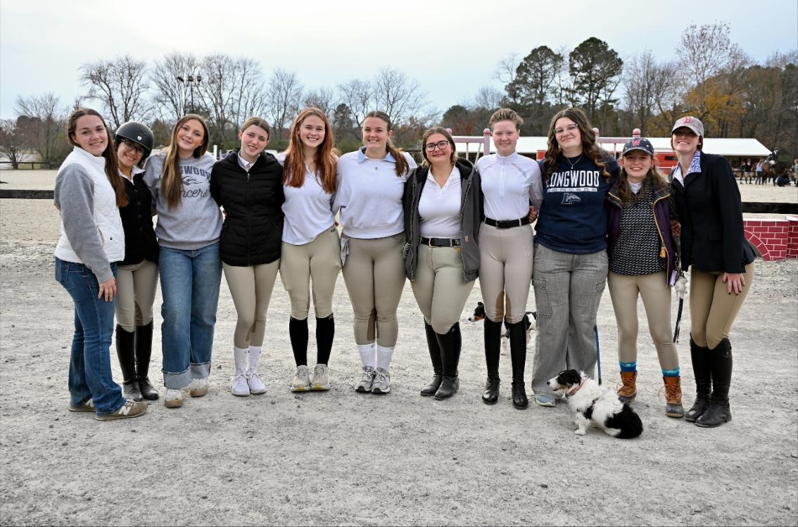 Members of the 2025-26 Longwood Equestrian Team, from left to right: Hannah Rayfield ’26, Kamillah Sheikh-Yassin ’29, Elsa Ikner ’29, Madison Zipf ’28, Peyton Clapper ’27, Olivia Sisk ’26, Lorelei Long ’27, Paige Cubeta ’29, Eleanor Waldschuetz ’29, Charlotte Schroeder ’29 and Alison Tomlin ’29.