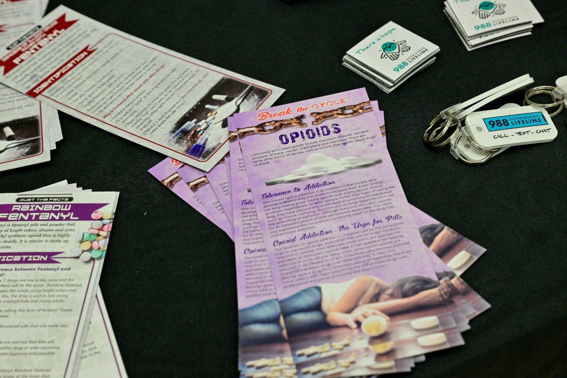 A purple brochure detailing the effects of opioid use and abuse adorns a table, scattered amongst other drug educational materials