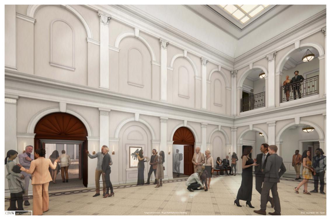 Interior rendering of the new Longwood music building atrium, featuring tall arched walls, a skylight, upper-level balconies and people gathered throughout the space.