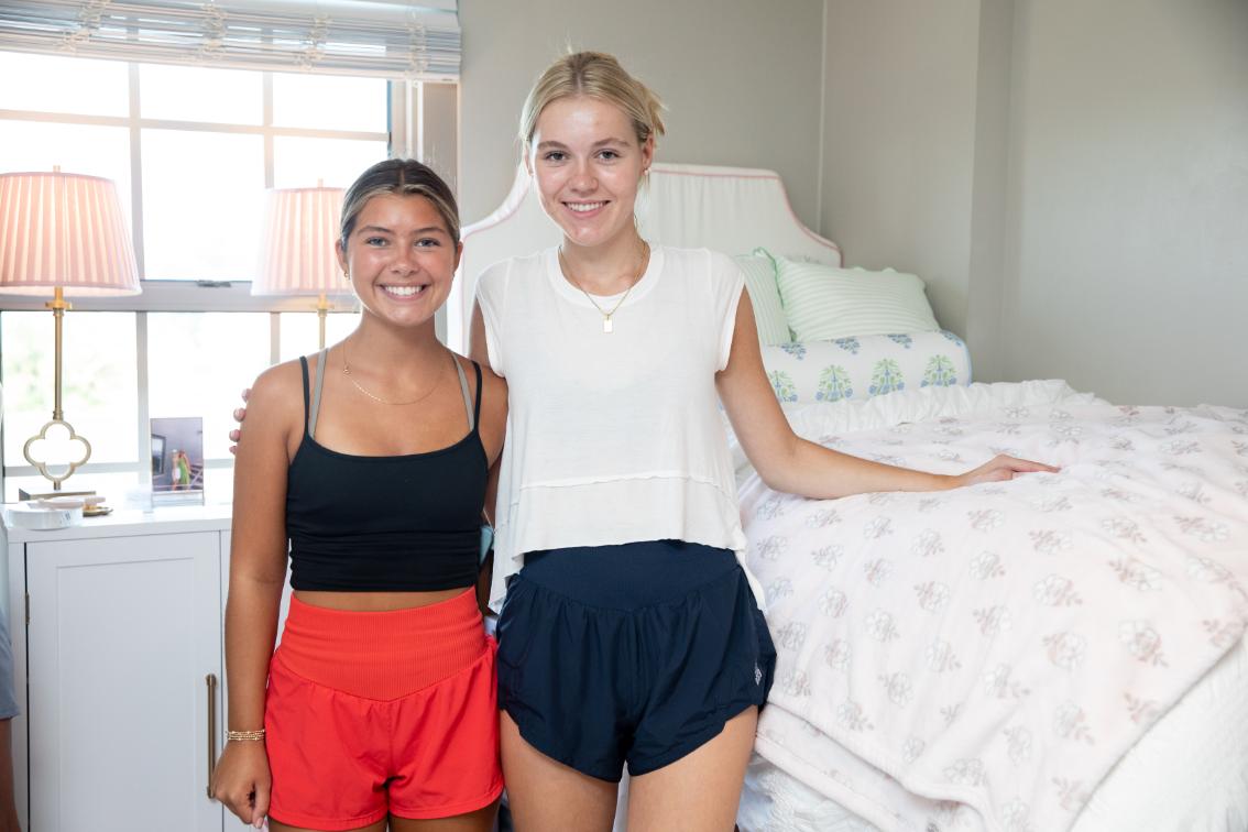Caroline Casey '30 (left) and Lexi Strydom '30 (right) in their room on the sixth floor of Johns Hall.